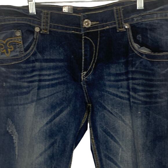 True Rock White Stitch Jeans 21/22 Blue Bling Flap Pockets Distressed Straight - Picture 13 of 13